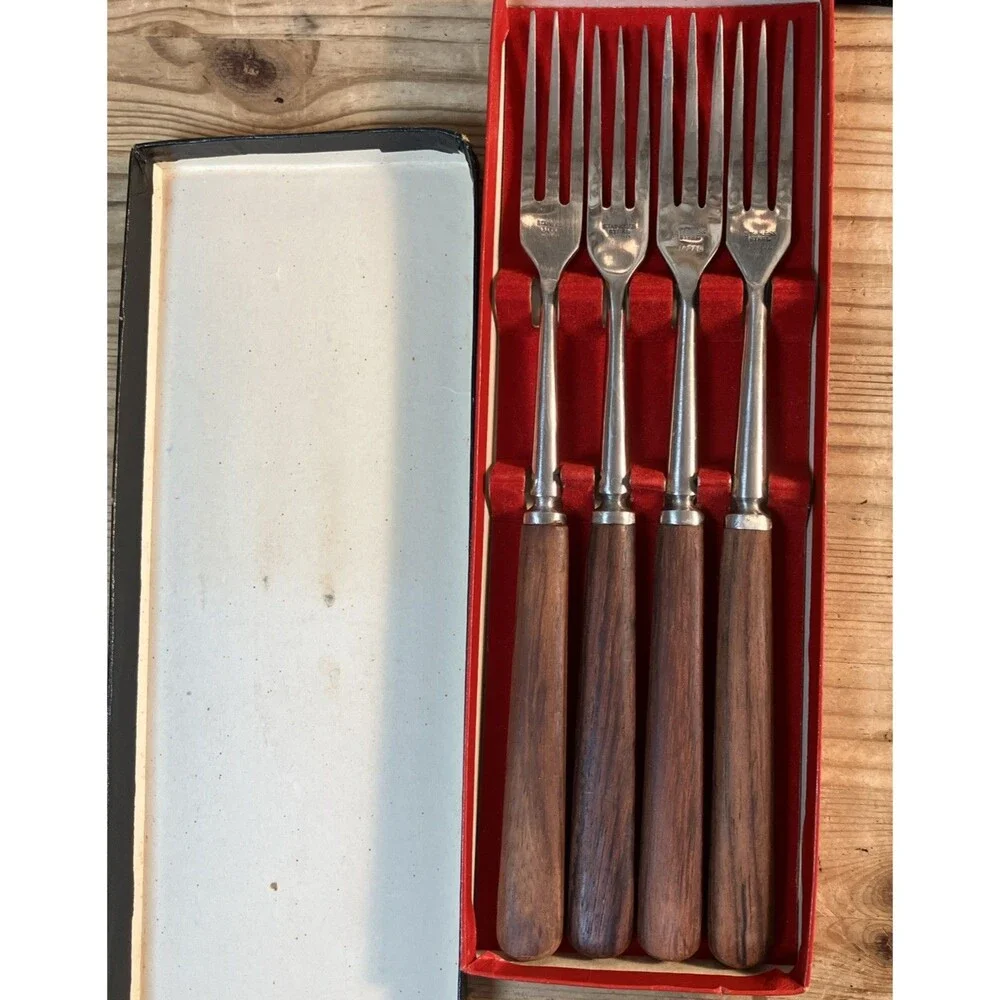 VTG Decorative Fork Lot - Long Wood Handles Japan - Small Gold Tone Set In Boxes